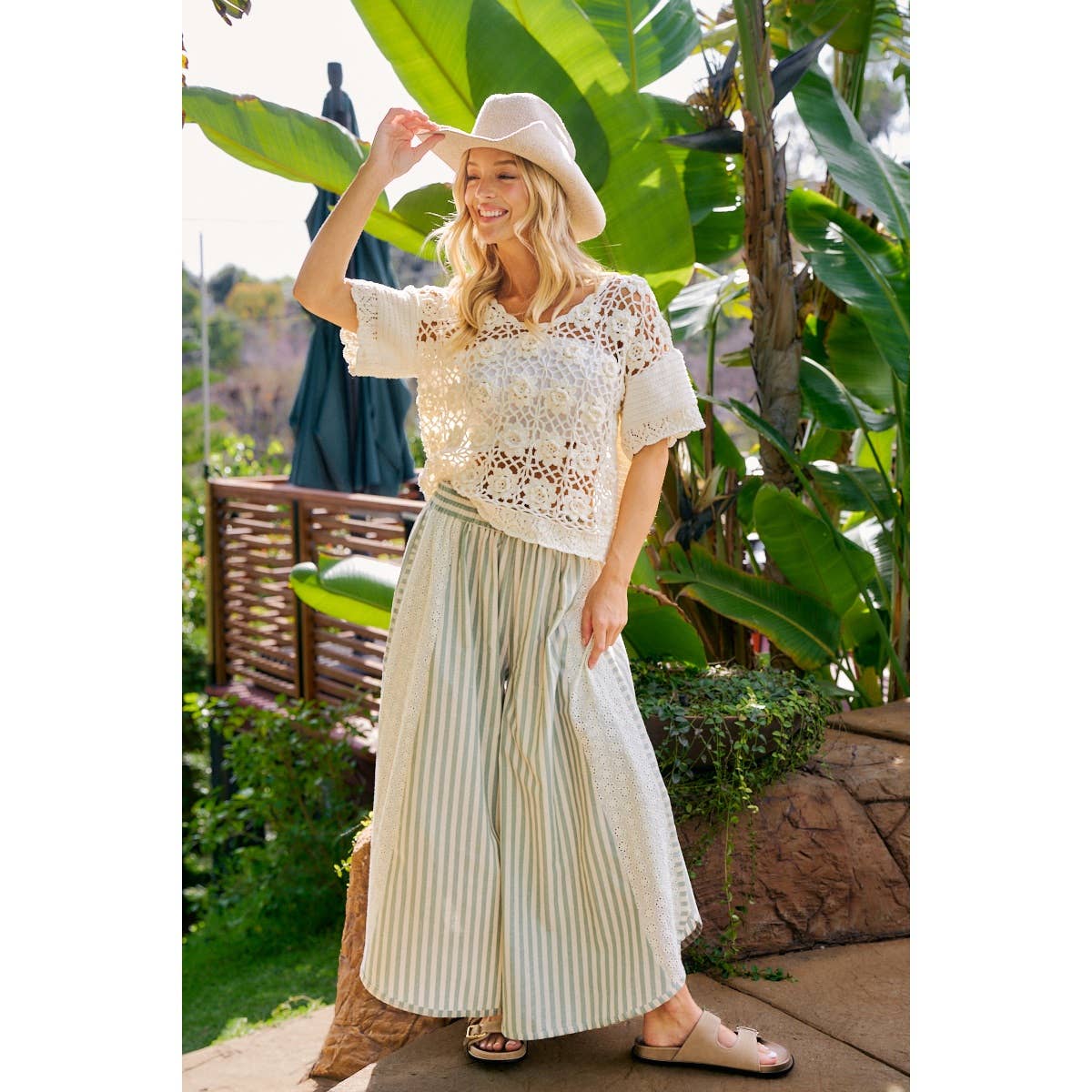 BLACK FLORAL EYELET SIDE ELASTIC STRIPES WIDE LEG PANTS