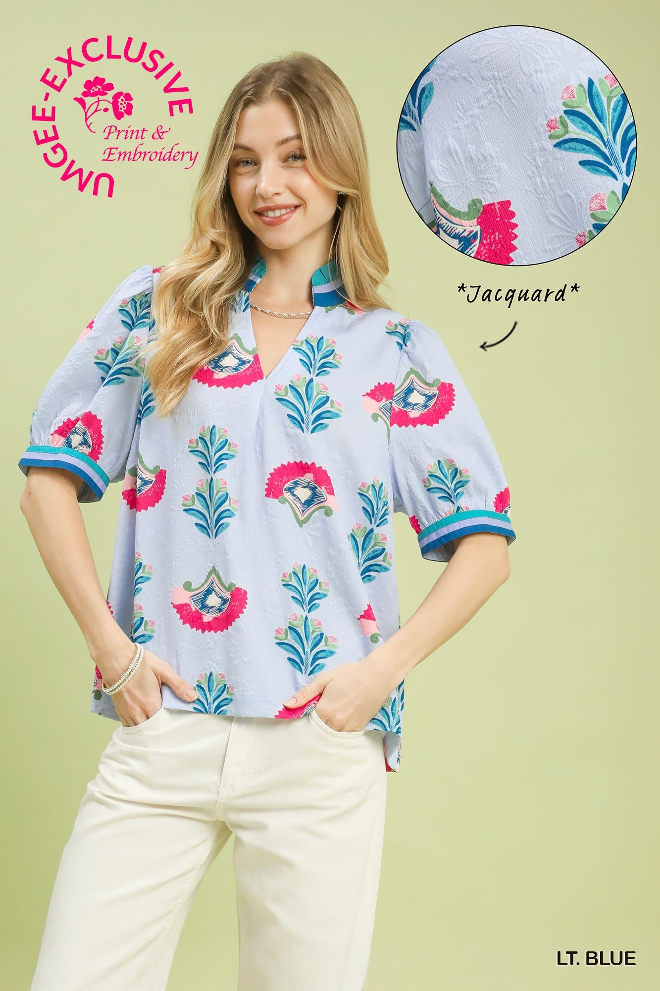 Print Puff Sleeve Blouse with Contrast Trim