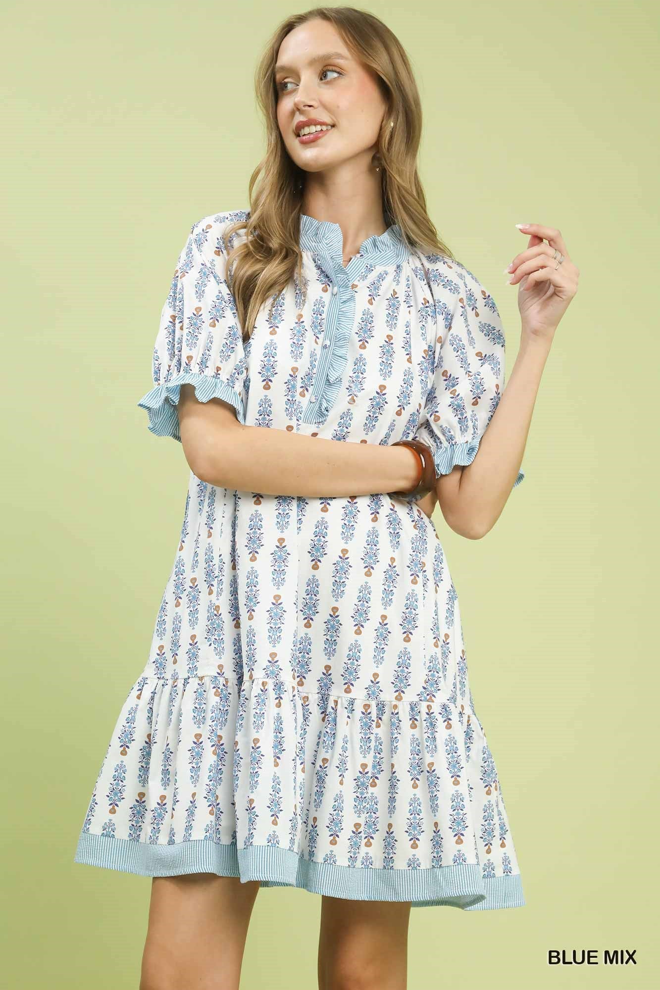 Striped Trim Floral Tiered Mini Dress