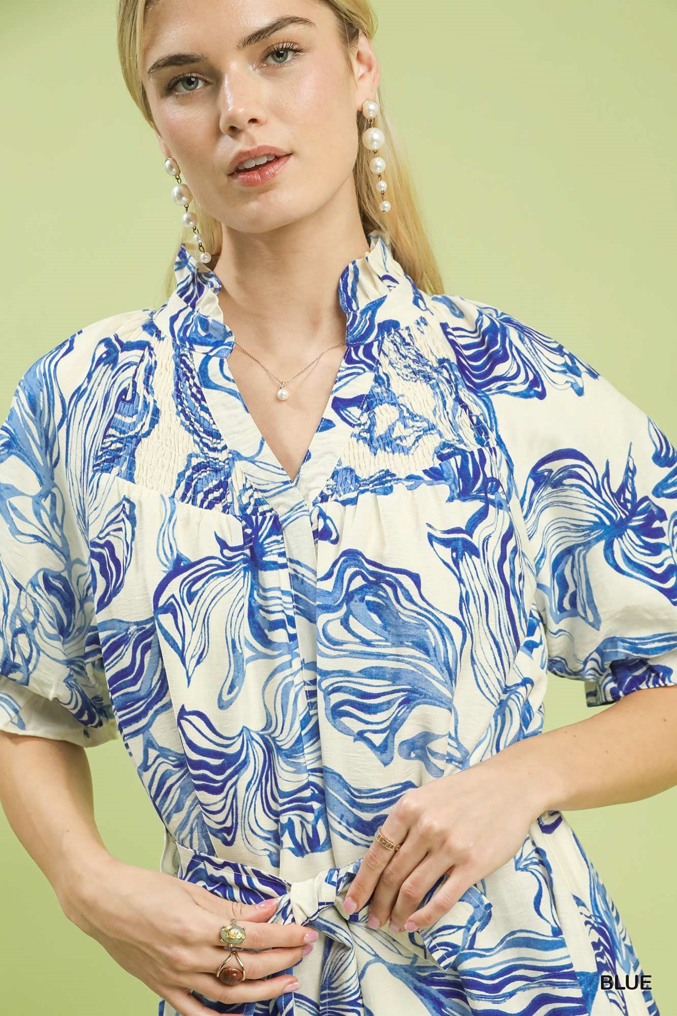 Abstract Print Smocked Tie Waist Midi Dress