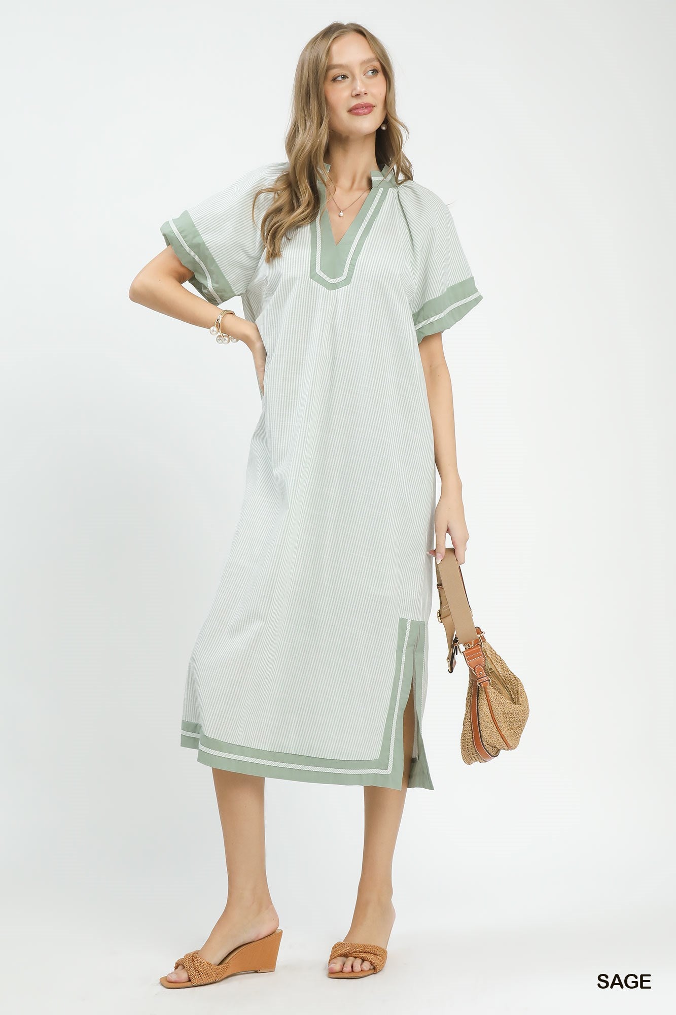 Pinstripe Contrast Trim Midi Dress