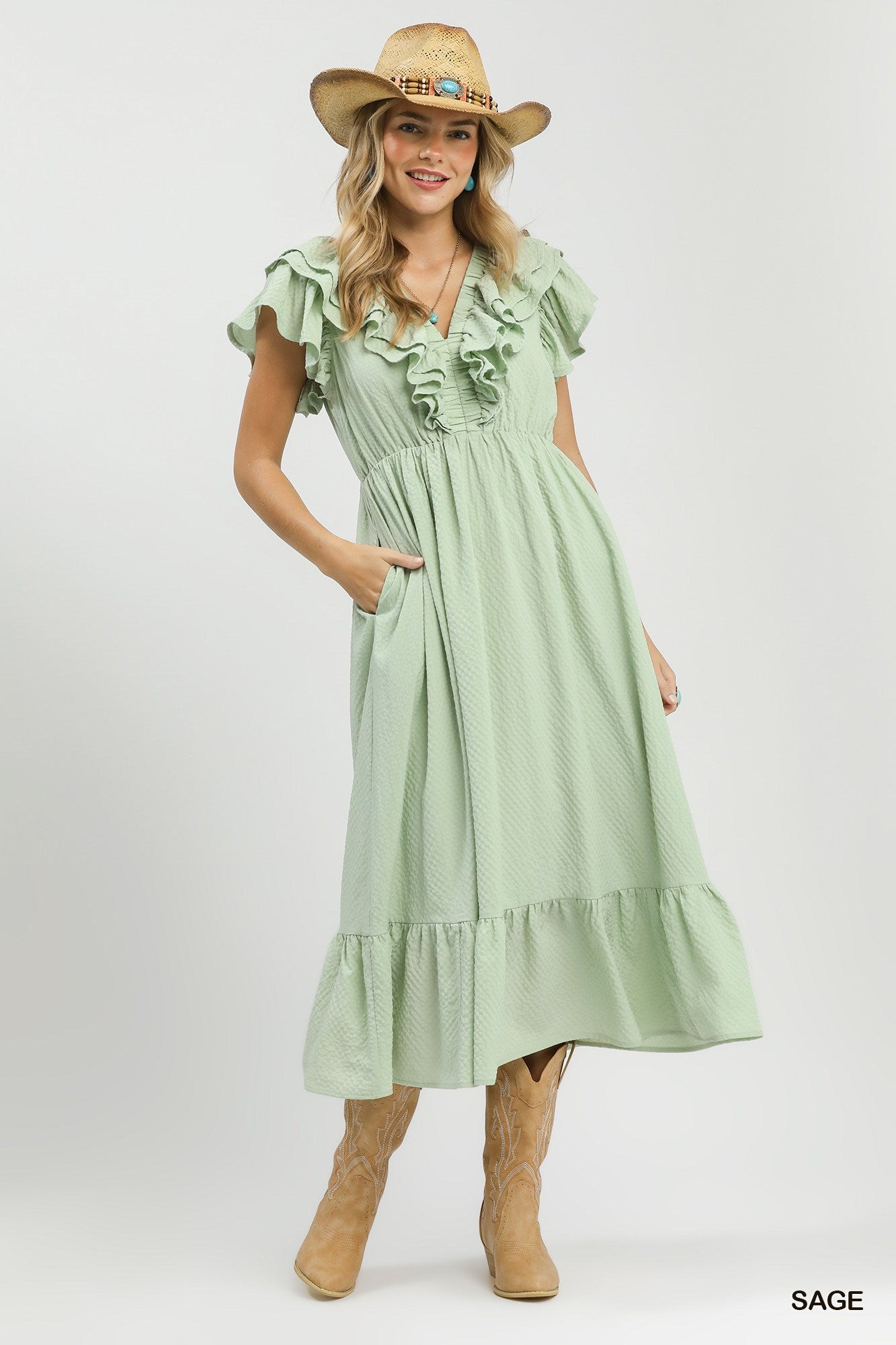 Textured Ruffle Midi Dress