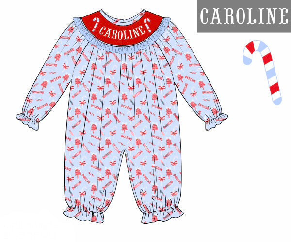 PO92 Candy Cane Name Smocks Girl Romper
