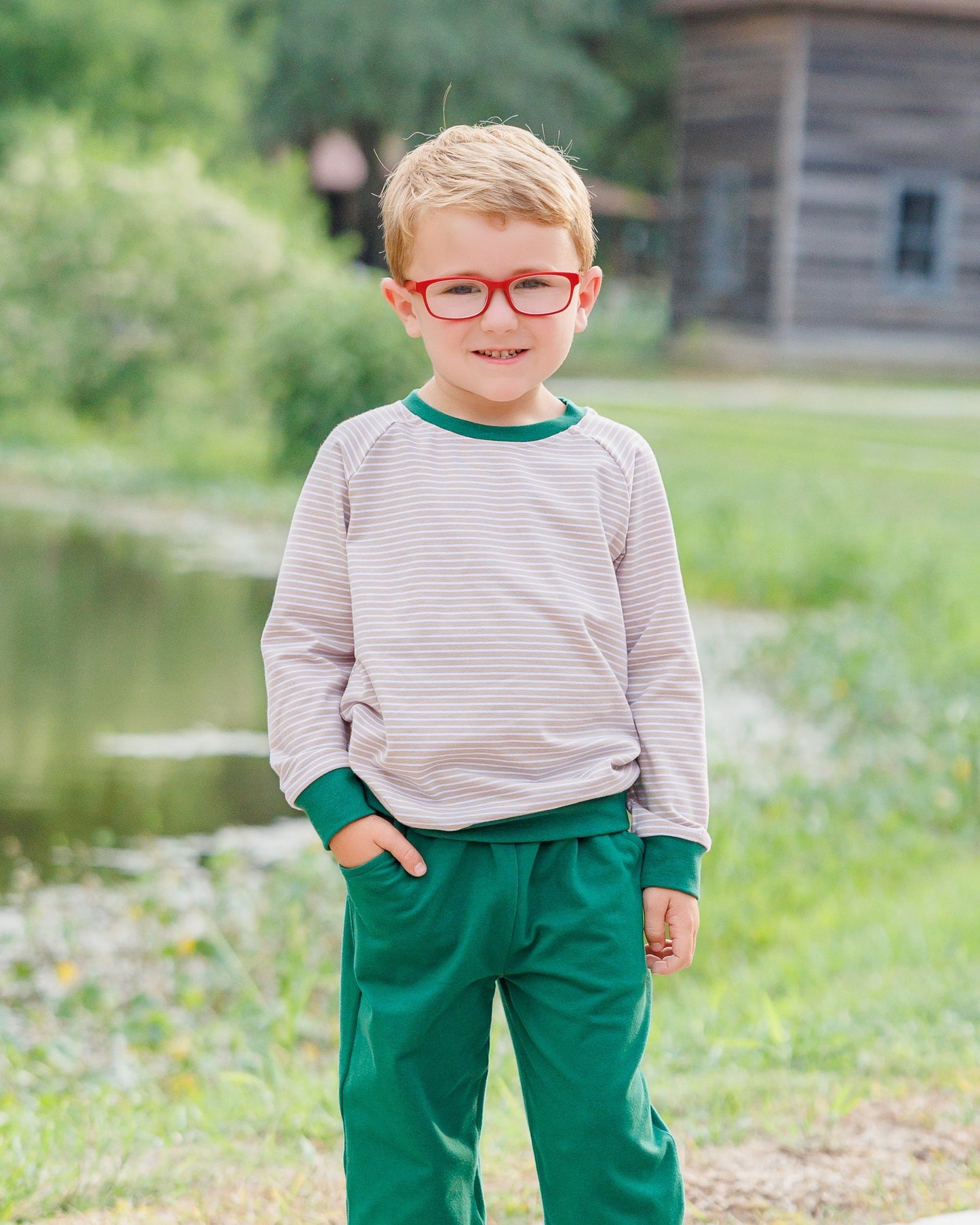 Jellybean Fall - Connor Jogger Set Tan Stripe/Hunter Green