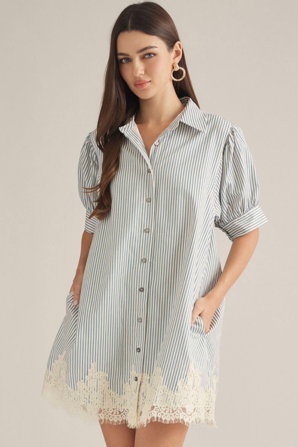 Chambray Striped Lace Dress