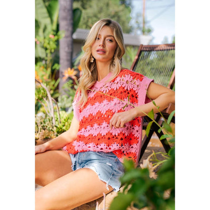 ALTERNATING FLORAL CROCHET KNIT DROP SHOULDER TOP