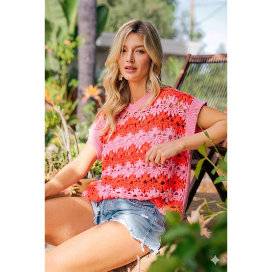 ALTERNATING FLORAL CROCHET KNIT DROP SHOULDER TOP