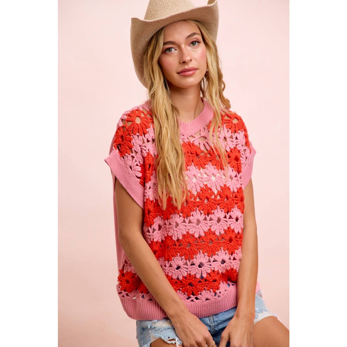 ALTERNATING FLORAL CROCHET KNIT DROP SHOULDER TOP