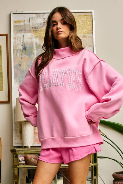 IT2594E-PILATES2  Embroidered "PILATES" Mock Neck Sweatshirt