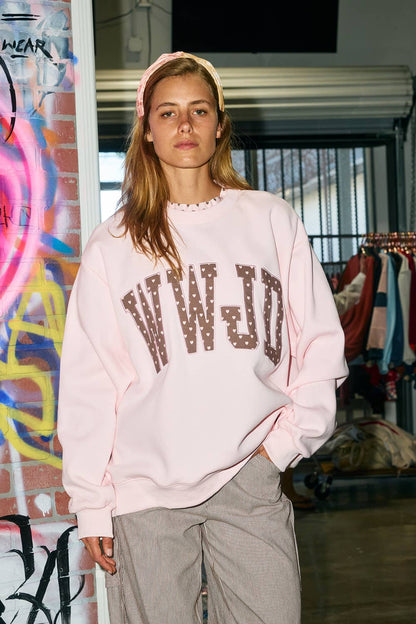 IT3080-WWJD | 'WWJD' Heart Printed Mock-Ruffle Sweatshirt
