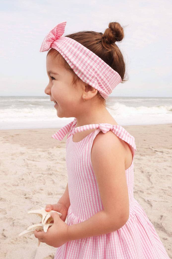 Tiered Skirt with White Pom Trim | Seersucker Dusty Pink Wholesale (2)