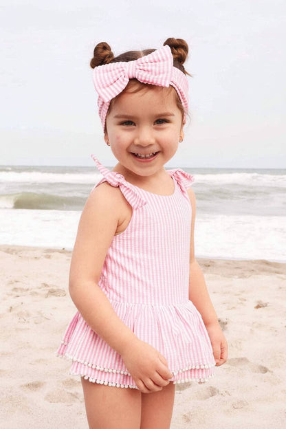 Tiered Skirt with White Pom Trim | Seersucker Dusty Pink Wholesale (2)