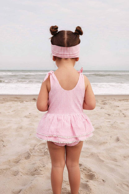 Tiered Skirt with White Pom Trim | Seersucker Dusty Pink Wholesale (2)