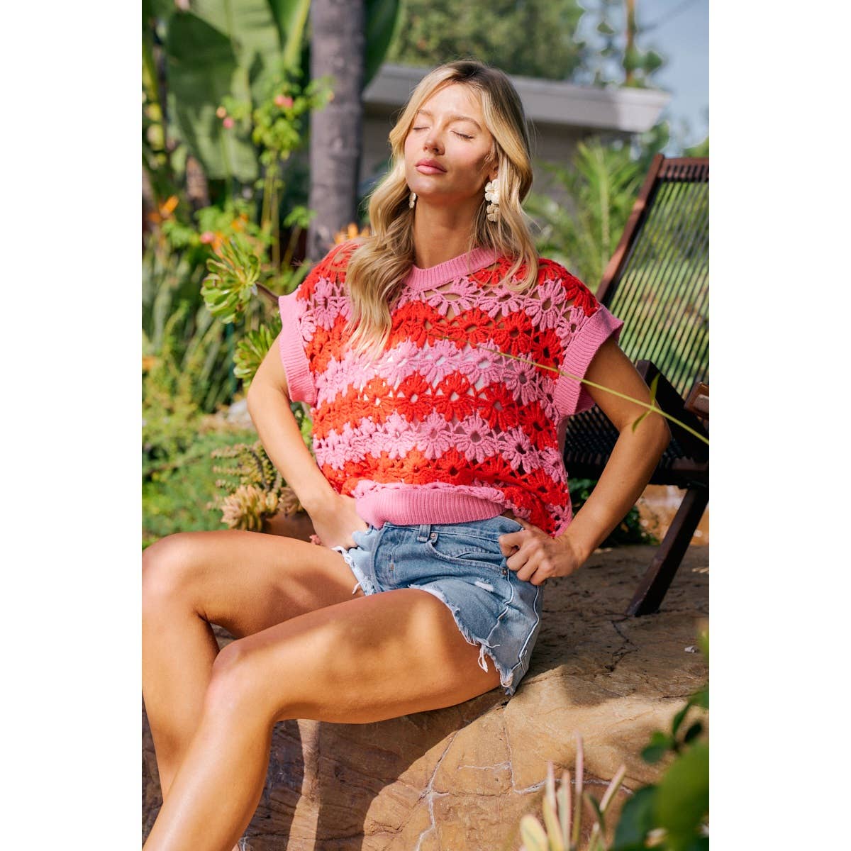 ALTERNATING FLORAL CROCHET KNIT DROP SHOULDER TOP