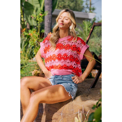 ALTERNATING FLORAL CROCHET KNIT DROP SHOULDER TOP