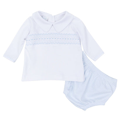 Benjamin Smocked Long Sleeve Diaper Cover Set - Light Blue