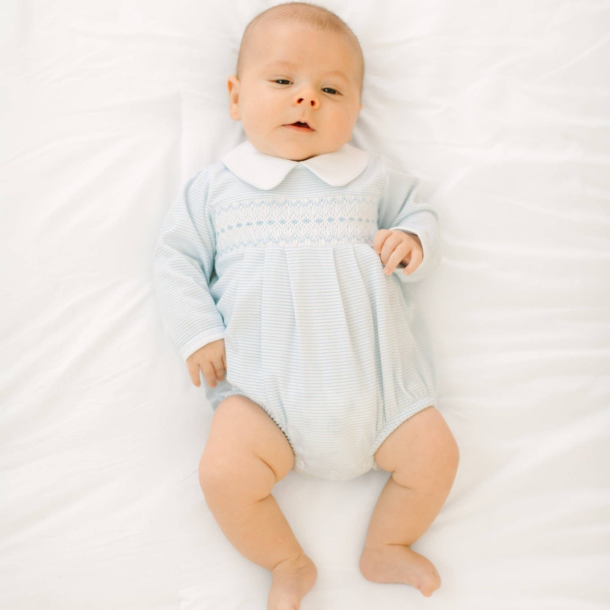 Benjamin Smocked Long Sleeve Bubble - Light Blue