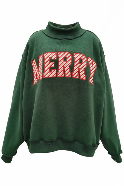 IT2594E-MERRY2 | 'MERRY' Embroidered Mock Neck Sweatshirt