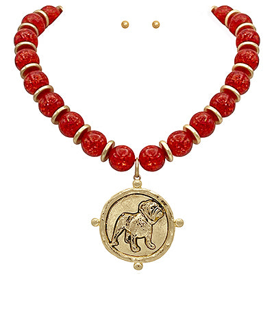 GA Bulldog Pendant & Bead Necklace Set