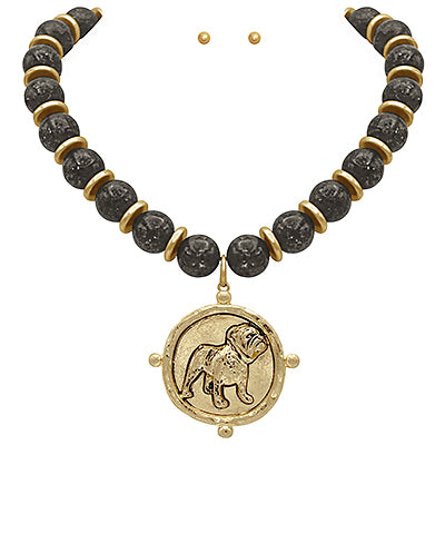 GA Bulldog Pendant & Bead Necklace Set