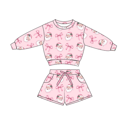 Girls Christmas Pink Santa Bow Sweatshirt & Short 2PCS Set