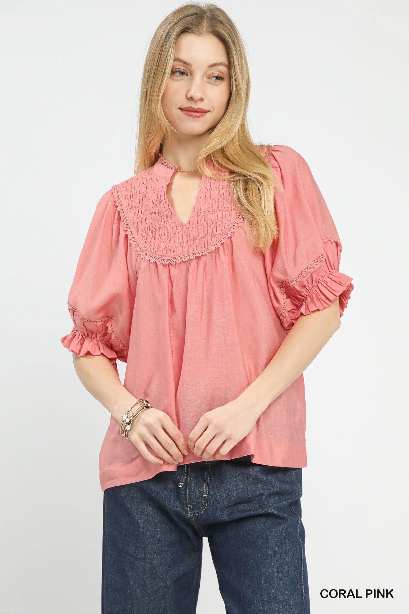 Smocked Yoke Blouse with Ruffle Sleeves