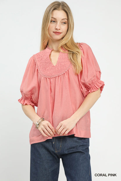 Smocked Yoke Blouse with Ruffle Sleeves