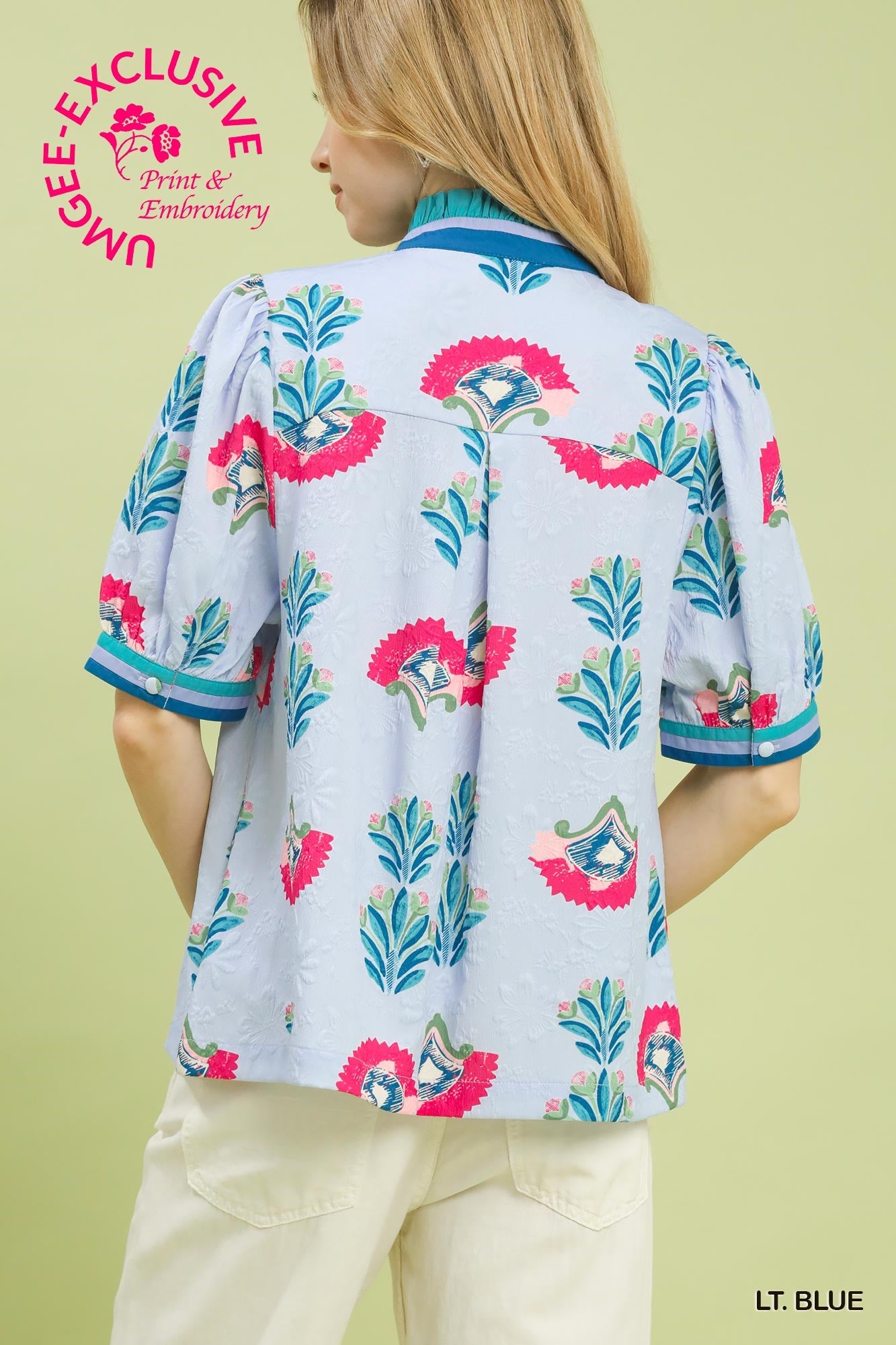 Print Puff Sleeve Blouse with Contrast Trim