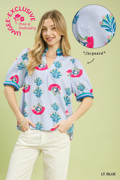 Print Puff Sleeve Blouse with Contrast Trim