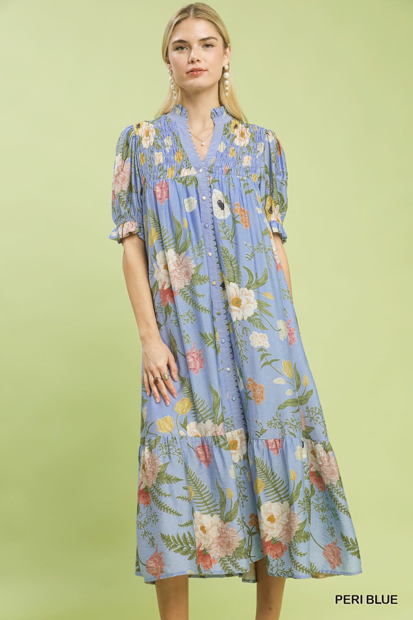 Floral Smocked Button-Front Midi Dress