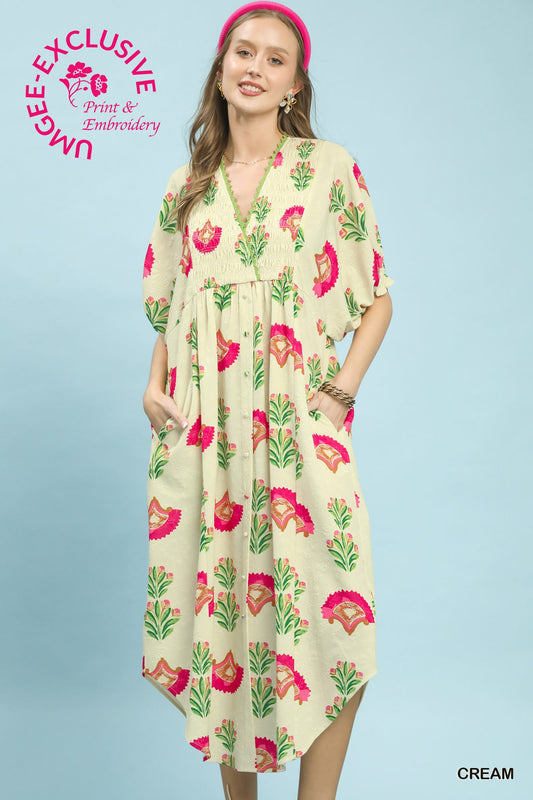 Abstract Print V-Neck Midi Dress