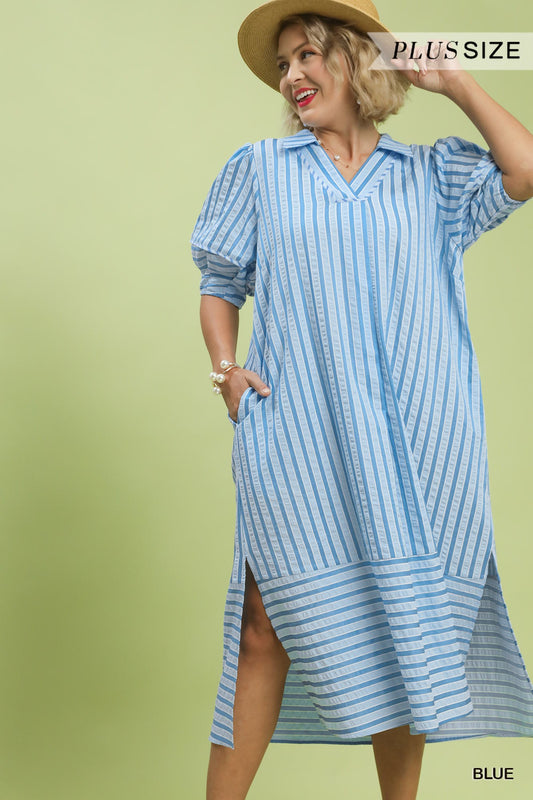 Striped Puff Sleeve Midi Dress