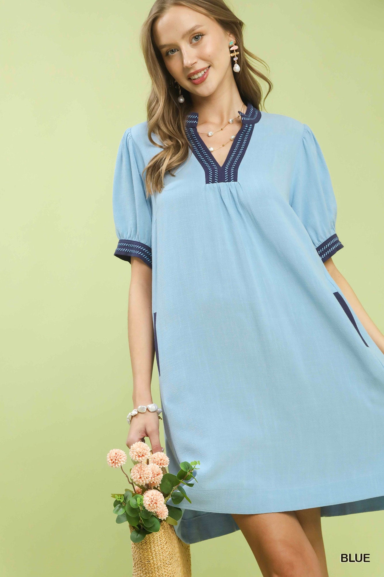 Linen Contrast Trim Puff Sleeve Shift Dress