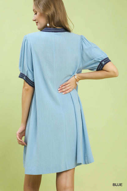 Linen Contrast Trim Puff Sleeve Shift Dress