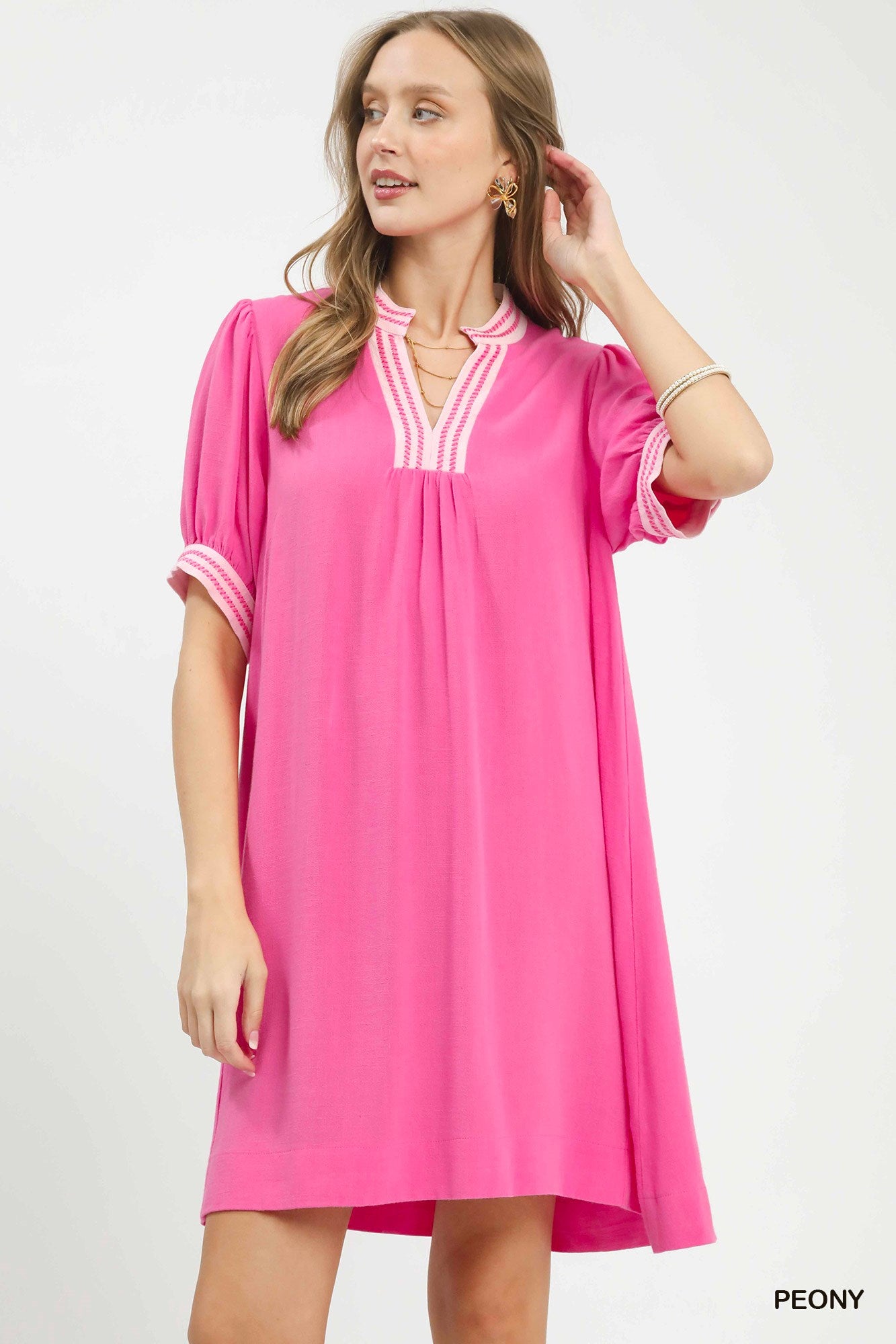 Linen Contrast Trim Puff Sleeve Shift Dress