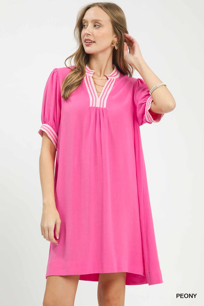 Linen Contrast Trim Puff Sleeve Shift Dress