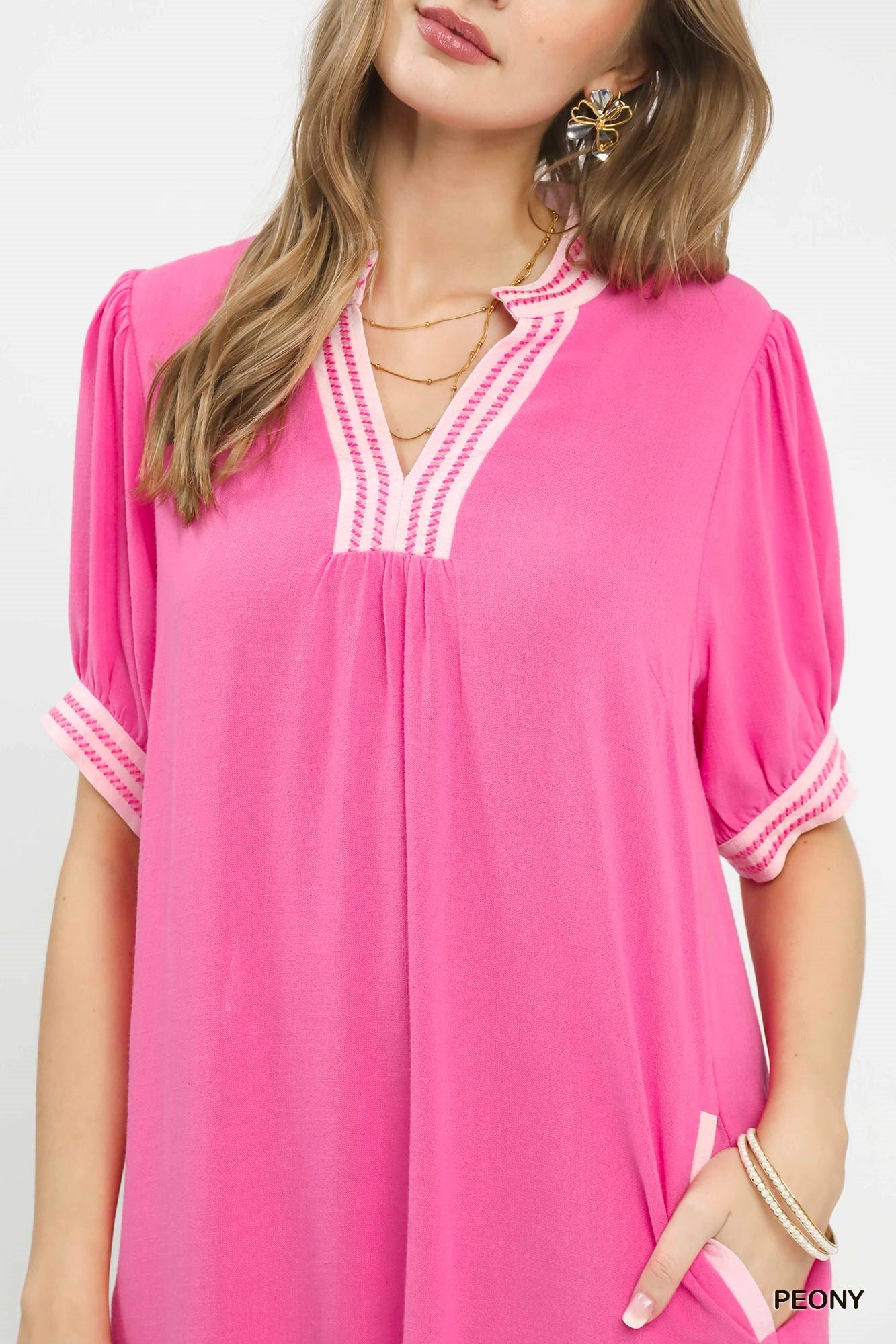 Linen Contrast Trim Puff Sleeve Shift Dress