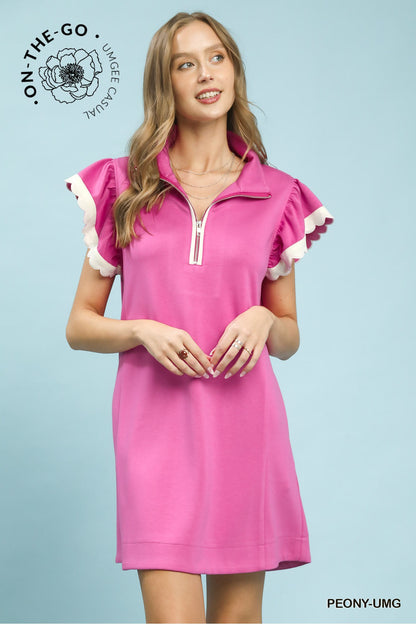 Zip-Neck Flutter Sleeve Dress