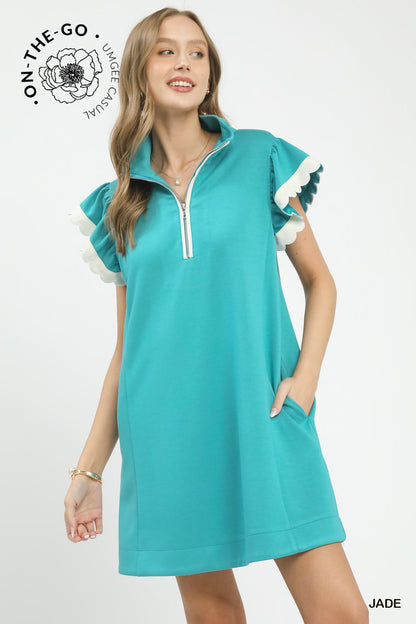 Zip-Neck Flutter Sleeve Dress
