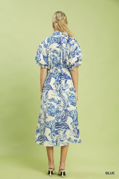 Abstract Print Smocked Tie Waist Midi Dress