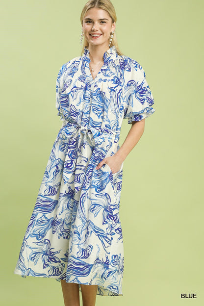 Abstract Print Smocked Tie Waist Midi Dress