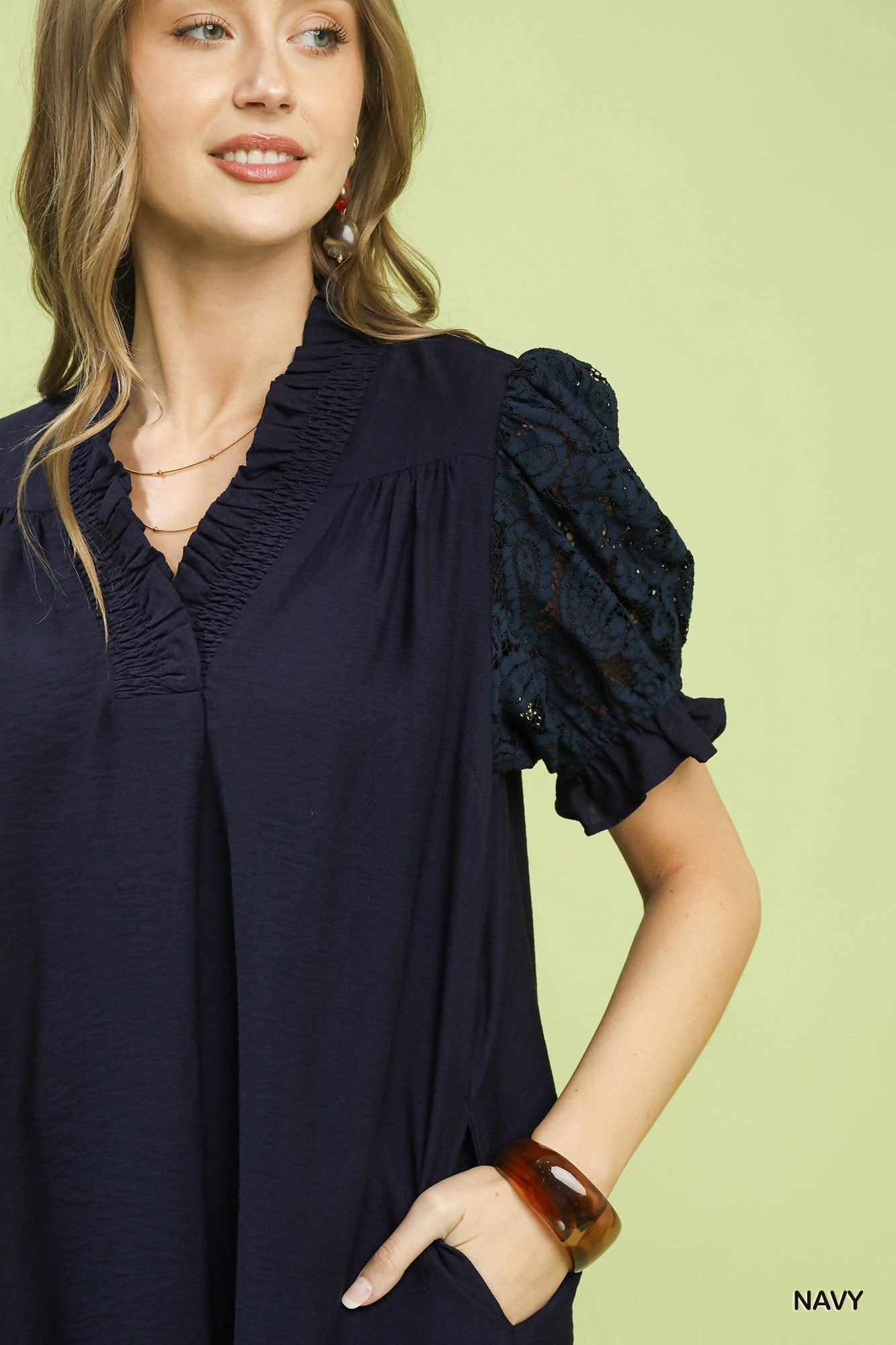 Lace Puff Sleeve Smocked V-Neck Babydoll Dress