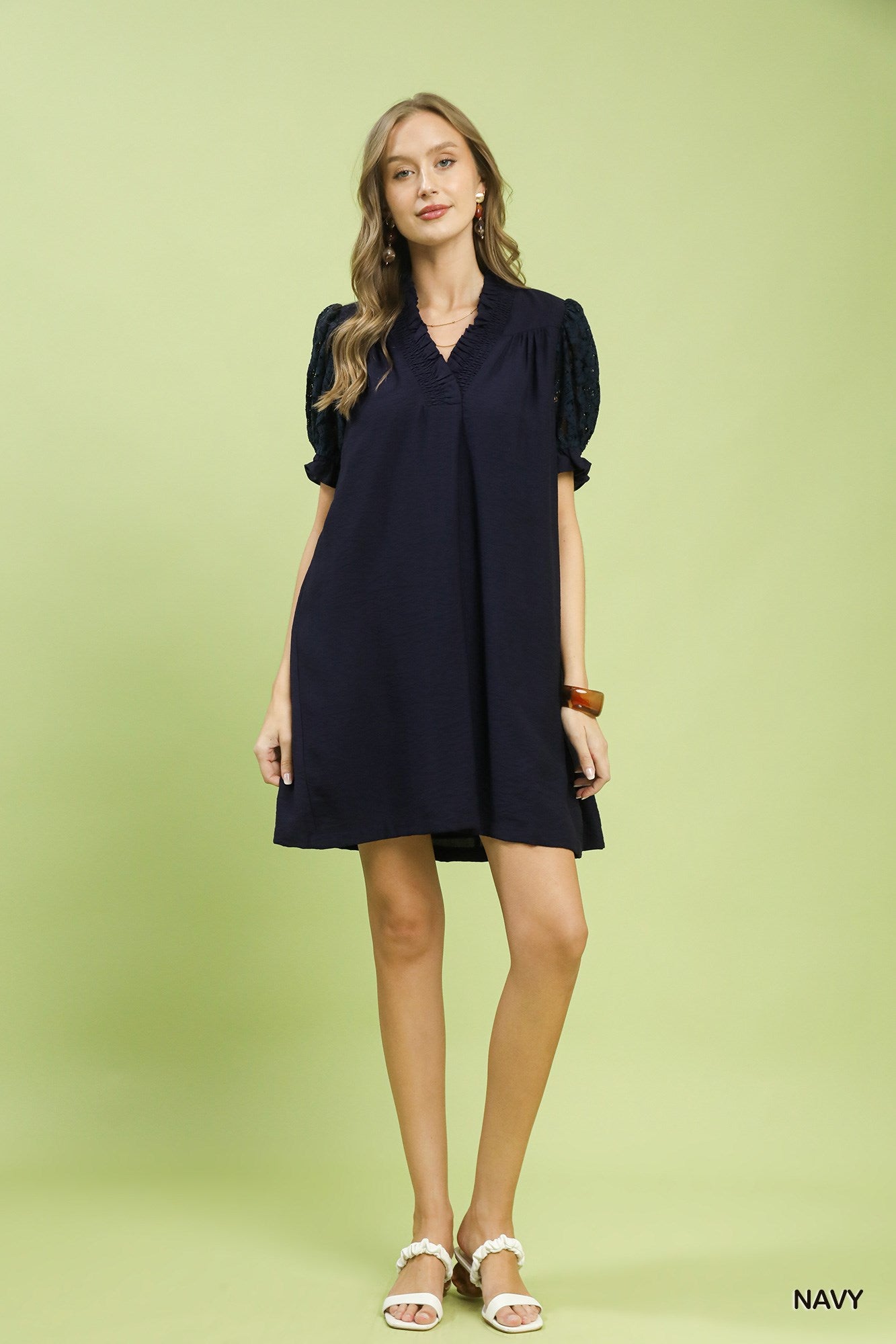 Lace Puff Sleeve Smocked V-Neck Babydoll Dress