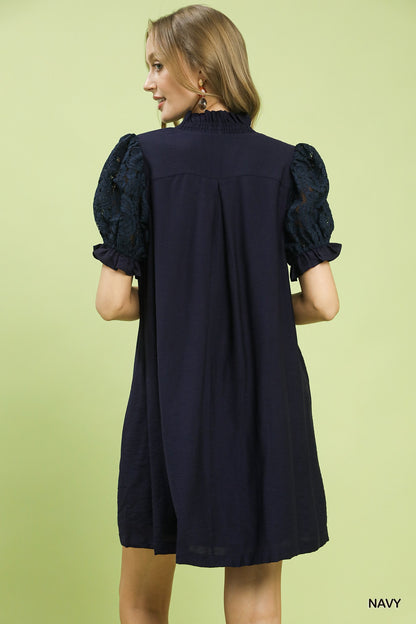 Lace Puff Sleeve Smocked V-Neck Babydoll Dress
