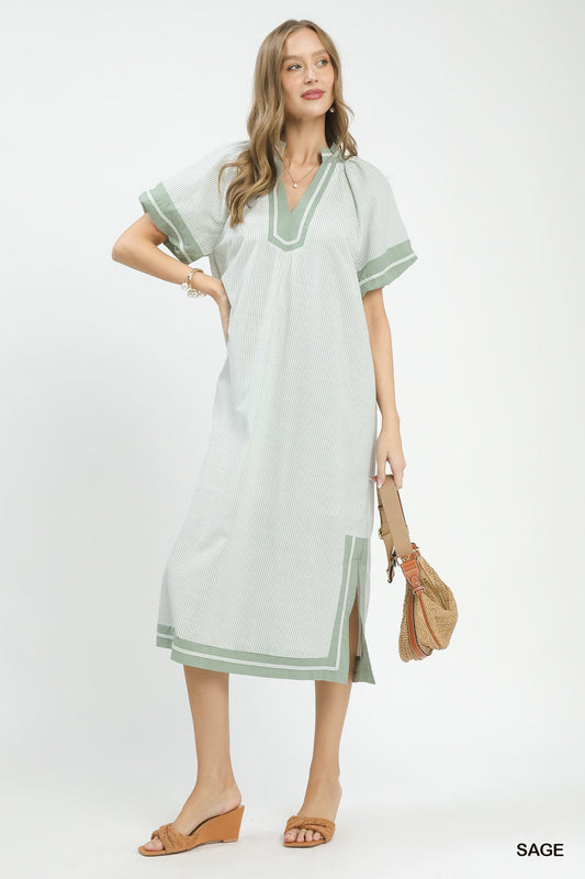 Pinstripe Contrast Trim Midi Dress