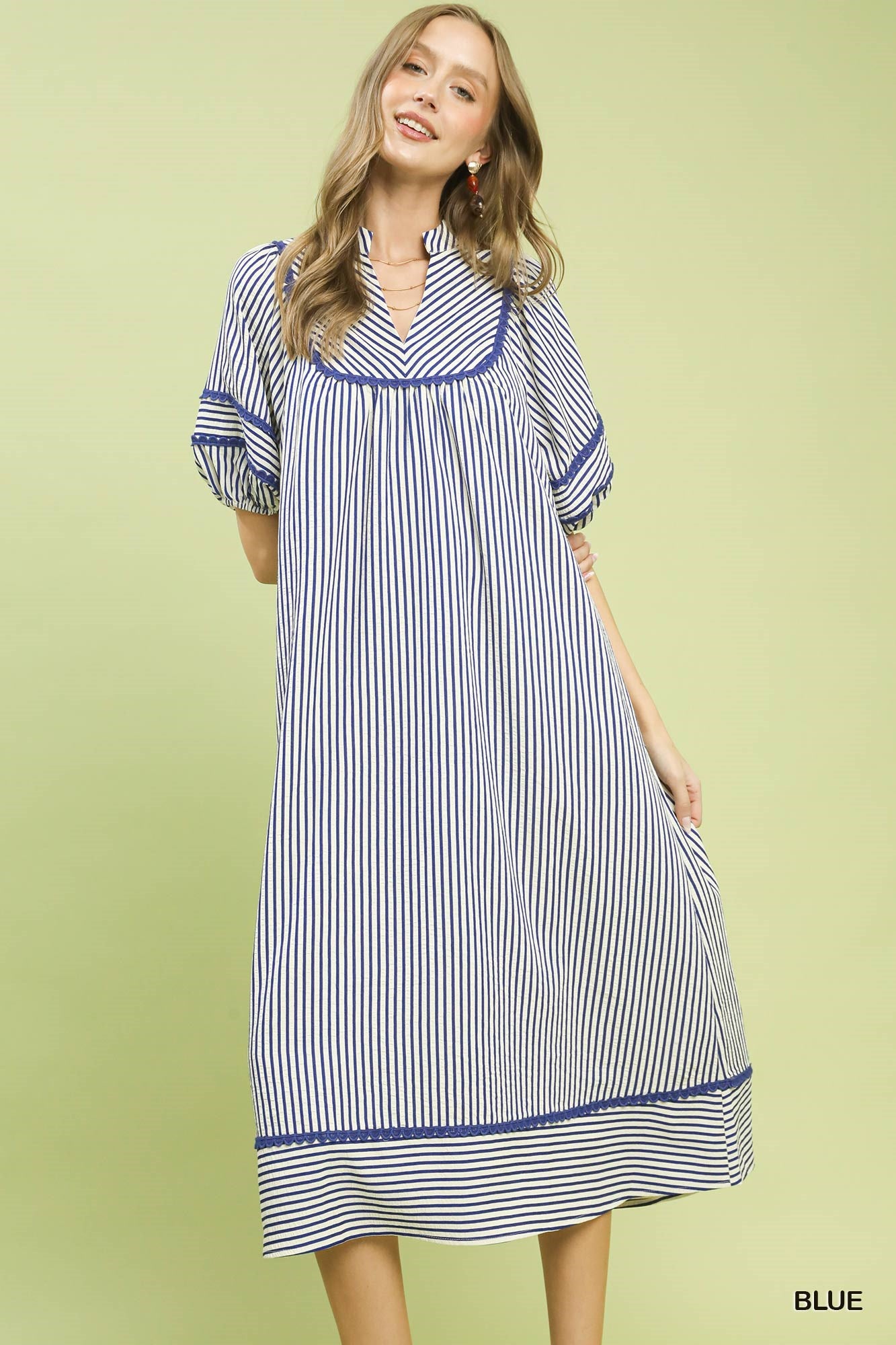 Striped Puff Sleeve Midi Dress