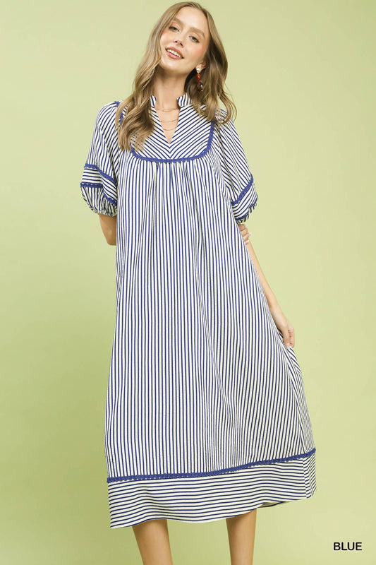 Striped Puff Sleeve Midi Dress