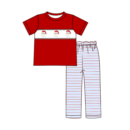 Christmas Blue Stripe Santa Embroidery Sibling Matching Outfits Collection