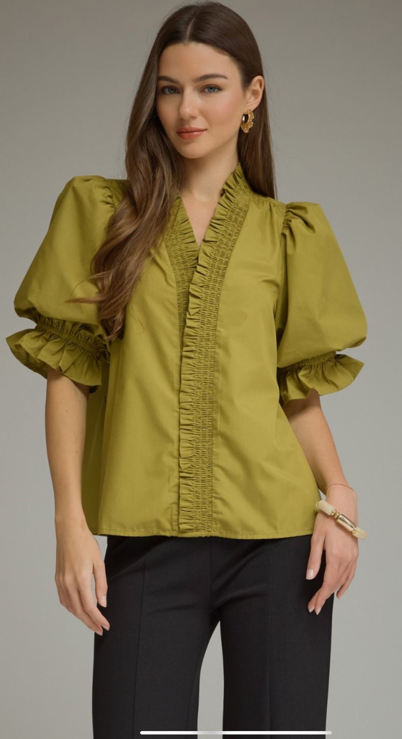 Olive Ruffle Button Top