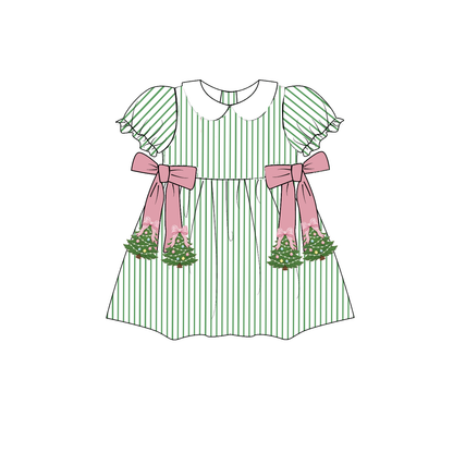 Green Stripe Christmas Tree Embroidery Sibling Matching Outfits Collection
